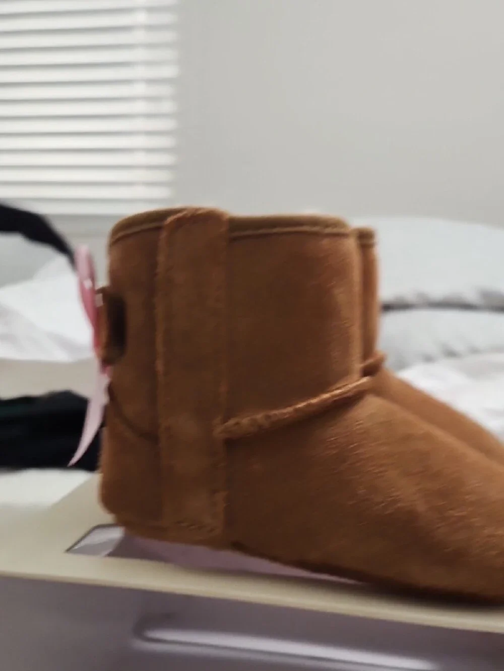 UGG Chestnut Suede Baby Booties with Pink Bows